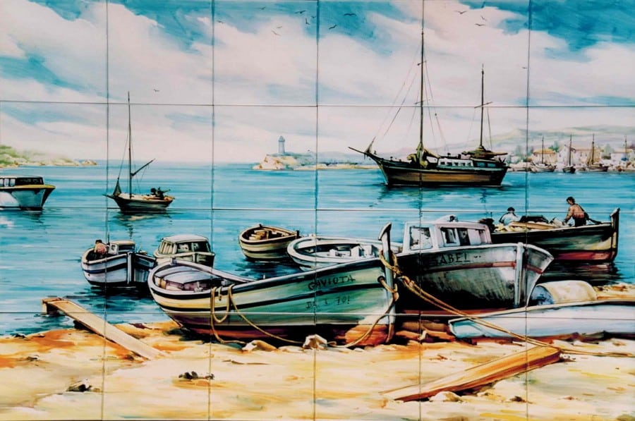 azulejo con paisaje marítimo pintado a mano