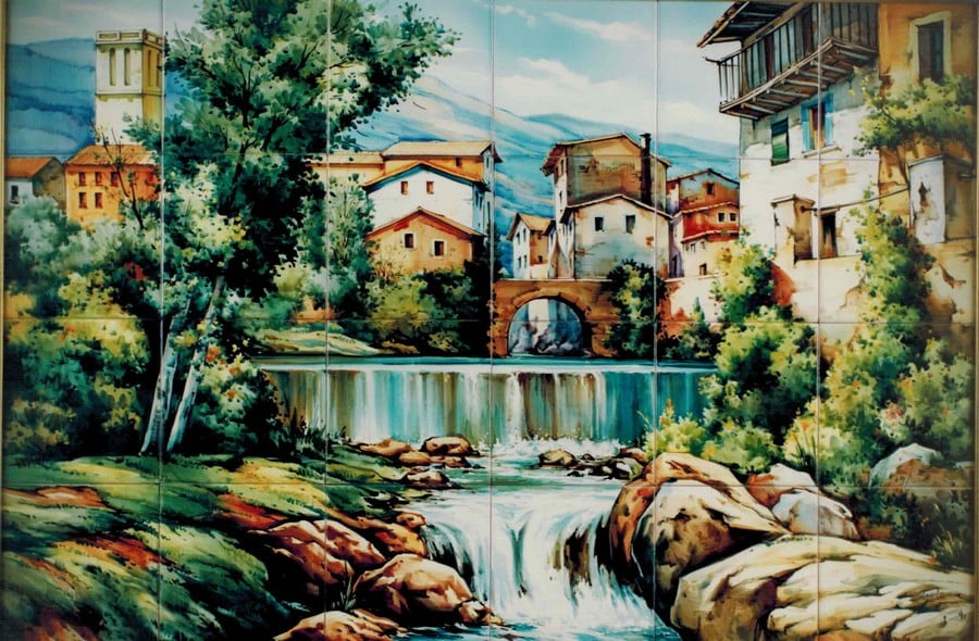 azulejo con paisaje pintado a mano